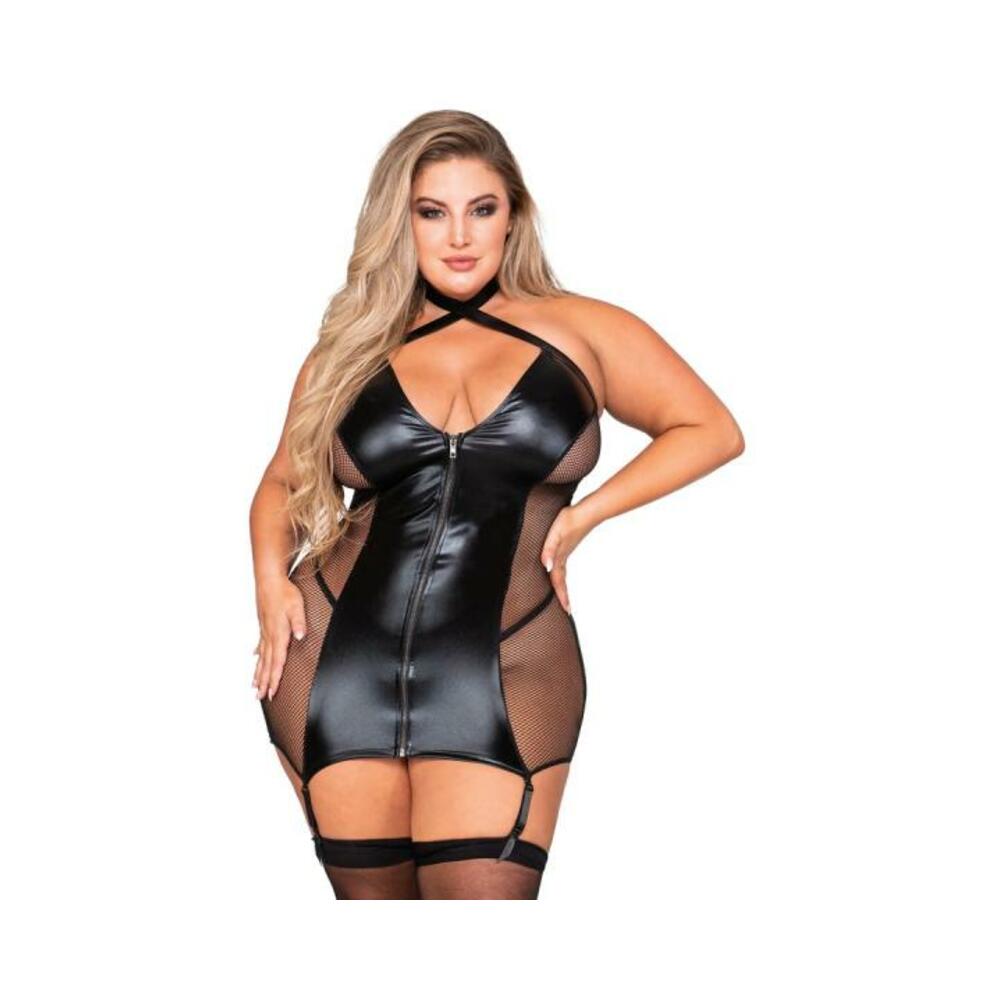 Dreamgirl Stretch Faux-leather And Fishnet Garter Slip Queen