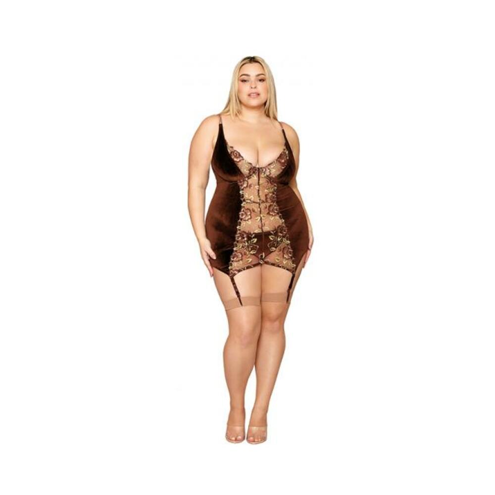 Dreamgirl Stretch Velvet And Embroidered Band Garter Slip And G-string Set Espresso 1xl