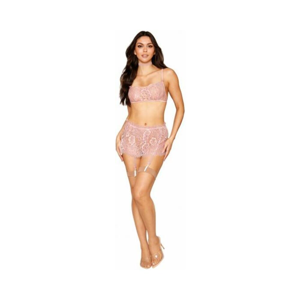 Eyelash Lace Bralette Garter Skirt Set Rose Quartz O/s
