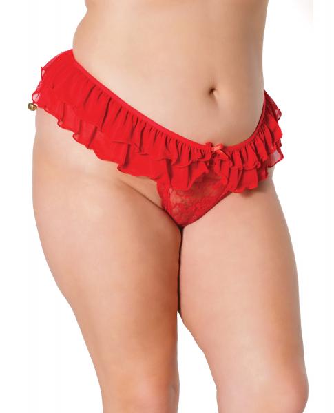 Holiday Stretch Lace &amp; Mesh Crotchless Panty W/ruffle Jingle Bell Waist Red Os/xl