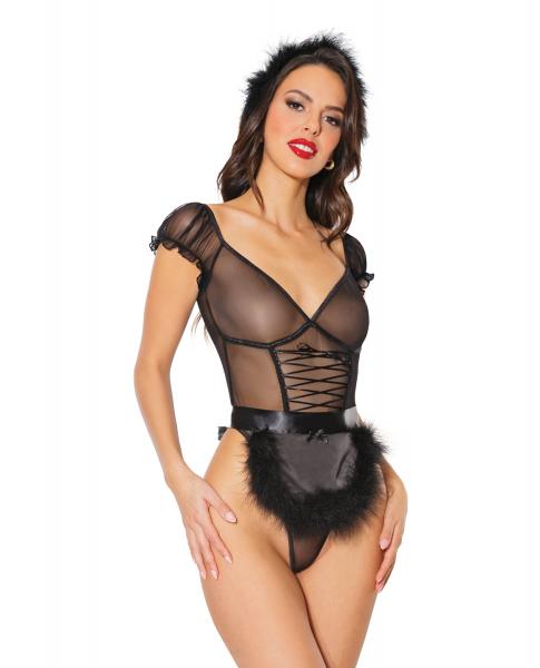 Holiday Mistletoe Maid Stretch Mesh Teddy, Marabou Trimmed Apron &amp; Headband Black O/s