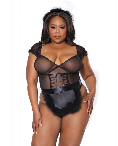Holiday Mistletoe Maid Stretch Mesh Teddy, Marabou Trimmed Apron &amp; Headband Black Os/xl