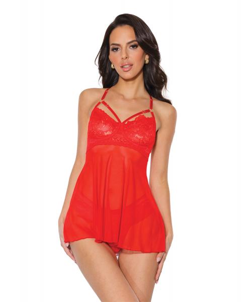 Holiday Scallop Stretch Lace &amp; Mesh Babydoll &amp; Thong Red/gold Lg