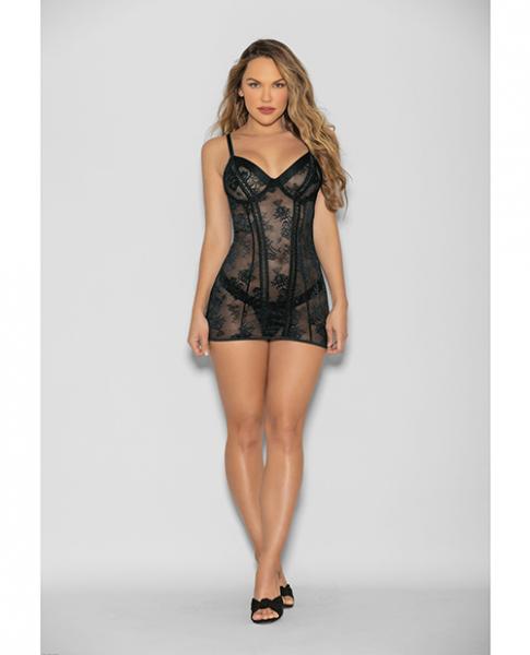 Flame Fetish Boss Lady Lace Up Back Chemise &amp; Wide Band Thong Black Md