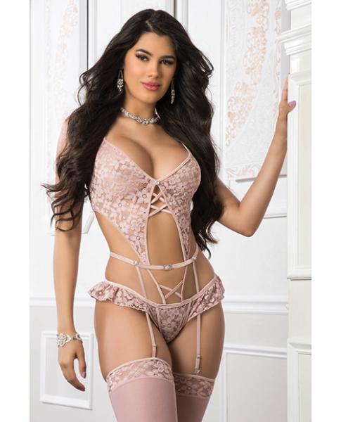 Garter Corset Teddy &amp; Stockings Deep Rose O/s