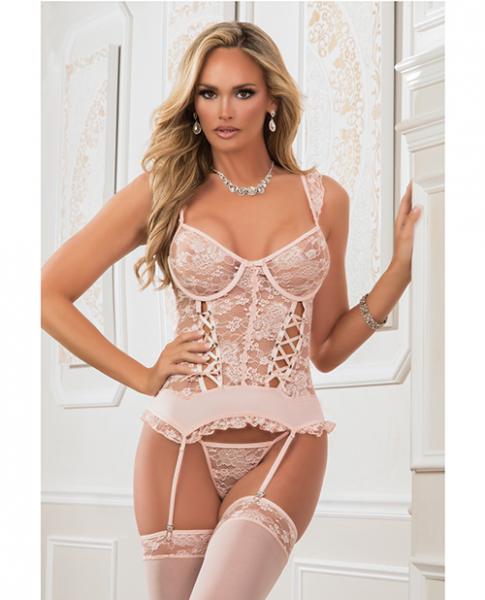 Lace Up Garter Corset W/thong &amp; Stockings Champagne Pink O/s