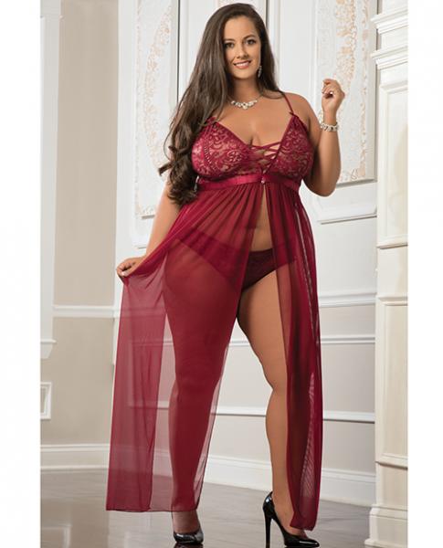Empire Waist Laced Sheer Long Dress &amp; Panty Mulled Wine Qn