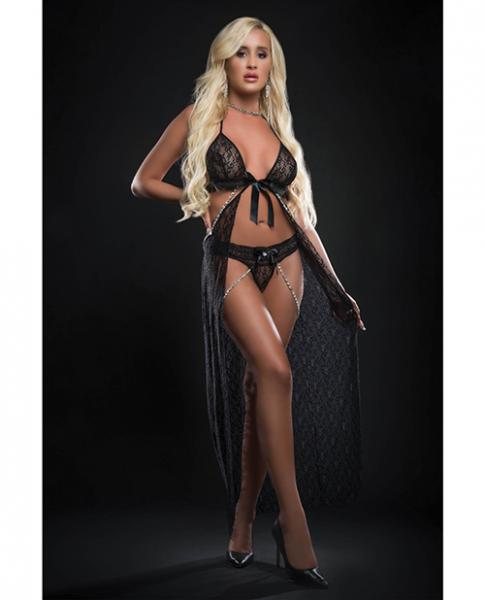 Cut Out Open Front Flyaway Night Gown W/pearl Chains &amp; Panty Black O/s