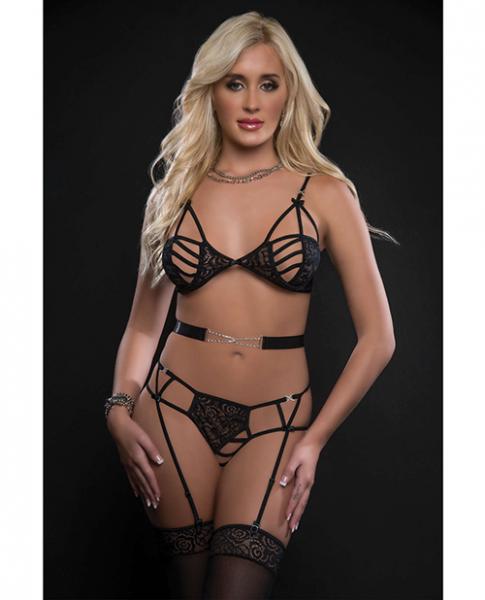 Caged Wired Bra, Garter Panty &amp; Stockings Blackout O/s