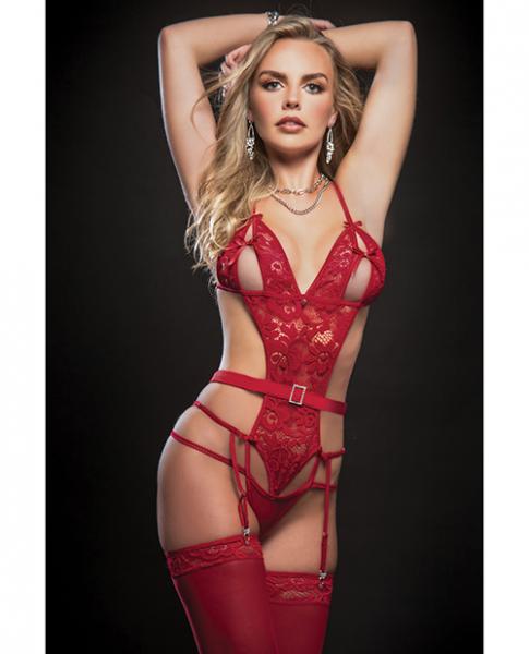 Strappy Garter Teddy W/keyhole Cups &amp; Stockings Red O/s