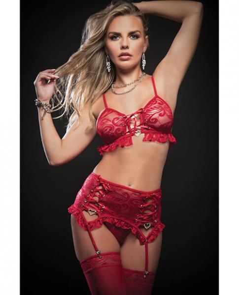 Laced Bra, Garter Skirt, Thong &amp; Stockings Red O/s