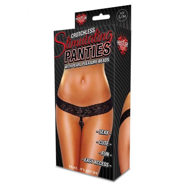 Hustler Crotchless Stimulating Thong With Pearl Pleasure Beads Black S/M