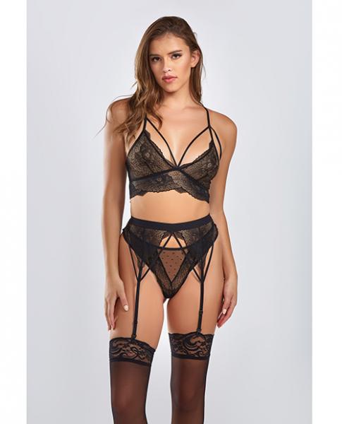 Everly Dot Mesh &amp; Galloon Lace Strappy Bra, Garterbelt &amp; Hipster Panty Black Xl