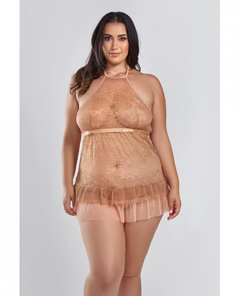 Amber Halter Lace Babydoll W/tiered Pleated Mesh Skirt Hem &amp; G-string Brown 2x