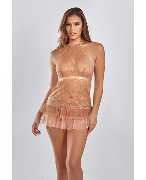Amber Halter Lace Babydoll W/tiered Pleated Mesh Skirt Hem &amp; G-string Brown Md