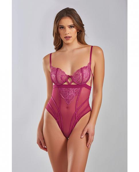 Quinn Cross Dyed Galloon Lace &amp; Mesh Teddy Wine Lg