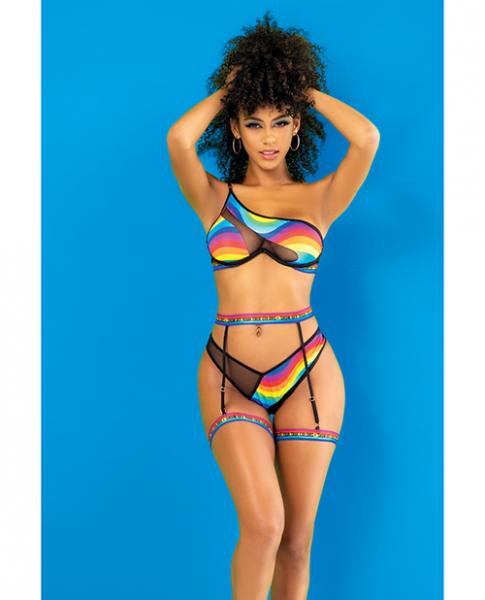 Pride One Shoulder Top, Garter Belt &amp; Panty Black Prints S/m