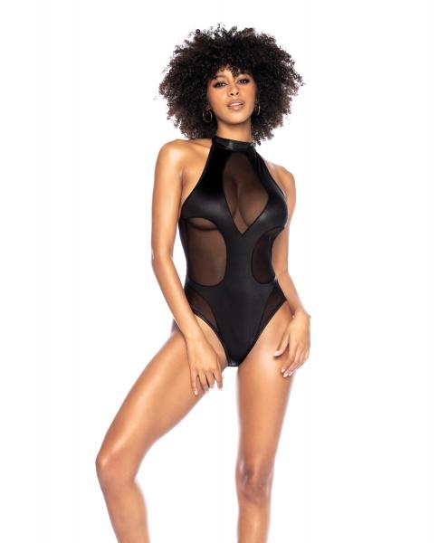 Mesh &amp; Wet Look Halter Bodysuit Black L/xl