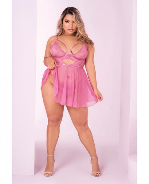 Floral Lace Peek A Boo Babydoll &amp; G-string Sunset Pink 3x/4x