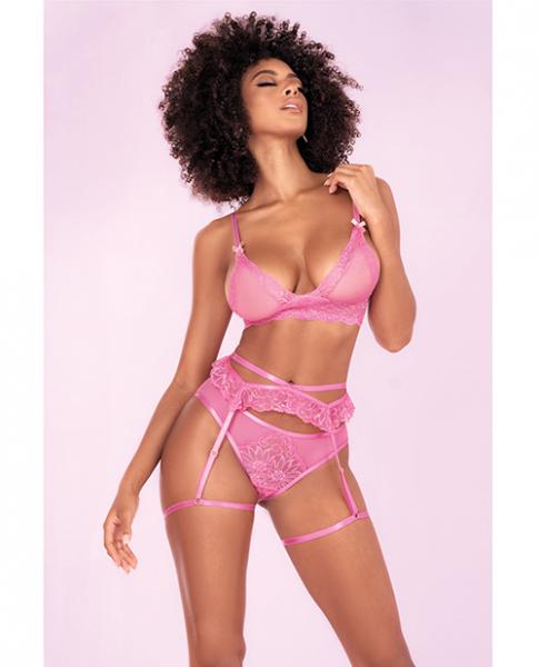 Floral Lace Bra, Ruffle Garter Belt &amp; Panty Sunset Pink L/xl