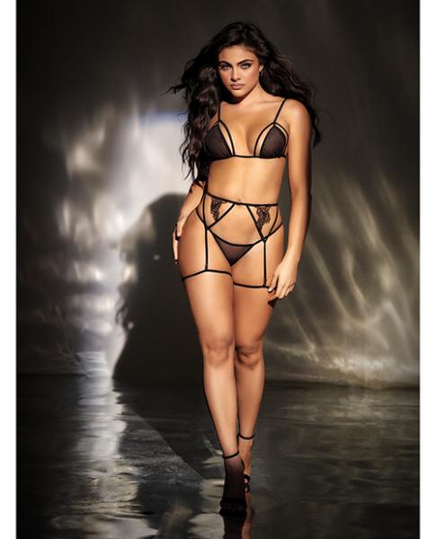 Mesh Top W/adjustable Coverage, Garter Belt &amp; Thong Black L/xl