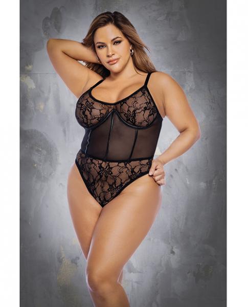 Floral Lace &amp; Mesh Underwire Bodysuit W/lace Up Back Black 3x/4x