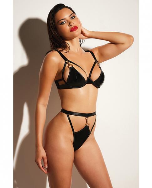 Fetish Excitement Unlined Underwire Vinyl Bra &amp; Panty W/d-ring &amp; Metal Clasp Black Md
