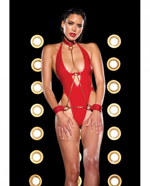 Fetish Submissive V-plunge Vinyl Teddy W/removable Chain Harness &amp; Hand Red L/xl