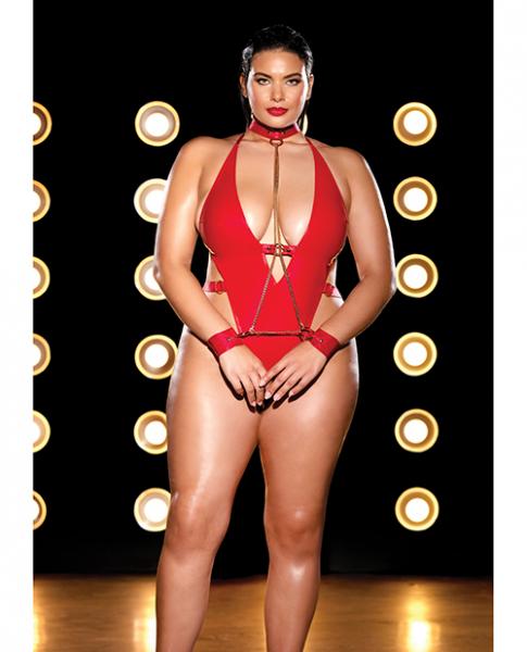 Fetish Submissive V-plunge Vinyl Teddy W/removable Chain Harness &amp; Hand Red 1x/2x