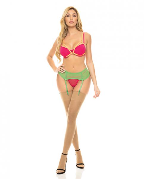 Pink Lipstick Come To Me Bra, Garter Belt &amp; G-string Neon M/l