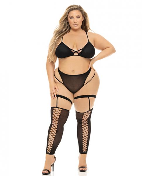 Pink Lipstick Want You Now Bra, Panty &amp; Stockings Black Qn