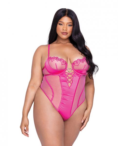 Valentine Bubblegum Heart Metallic Lace &amp; Scallop Embroidered Teddy Pink 1x