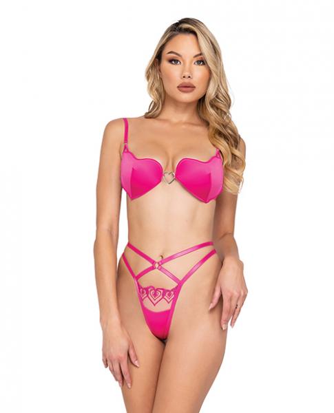 Valentine Bubblegum Heart Satin Bra &amp; Metallic Lace Embroidered Thong Pink Xl