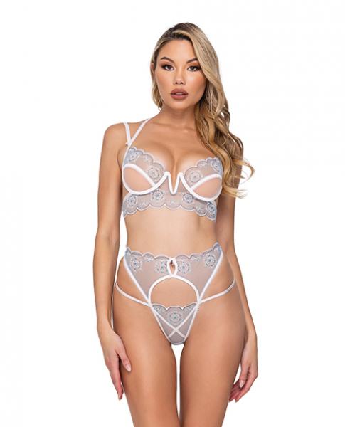 Holiday Snow Queen Metallic Snowflake Embroidered Bra &amp; High Waisted Thong Blue/white Lg