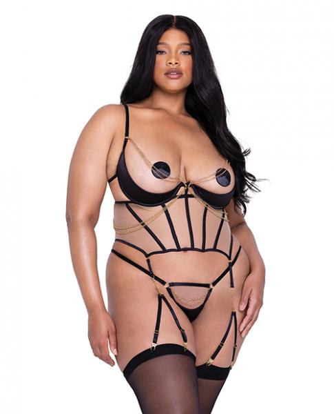 Caged Temptress Satin &amp; Tulle Bustier W/draped Chain Detail &amp; Thong Black 1x
