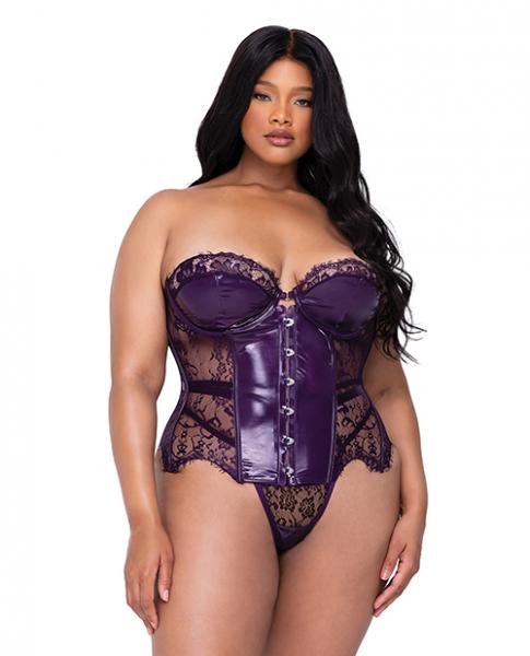 Sugar Plum Scalloped Eyelash Lace &amp; Faux Leather Bustier W/steel Boning &amp; Thong Purple 2x