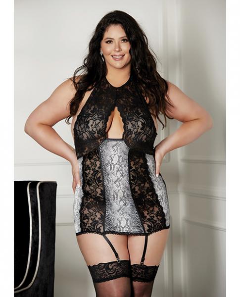 Lace Halter Neck &amp; Snake Skin Print Gartered Chemise Black 2x