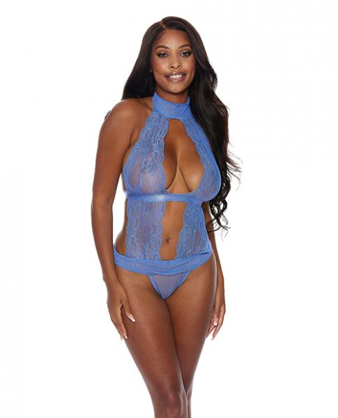 Lace &amp; Mesh Halter Neck Teddy Periwinkle Xxl