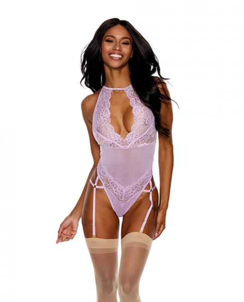 Lace &amp; Mesh Gartered Teddy Lilac Xxl