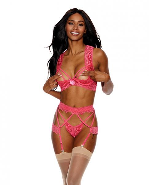Lace Underwire Peek A Boo Bra, Garterbelt &amp; G-string Coral Lg