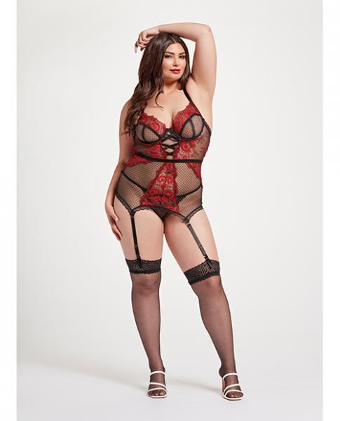 Floral Embroidered Lace Chemise W/adjustable Garters &amp; Thong Black/red 3x/4x