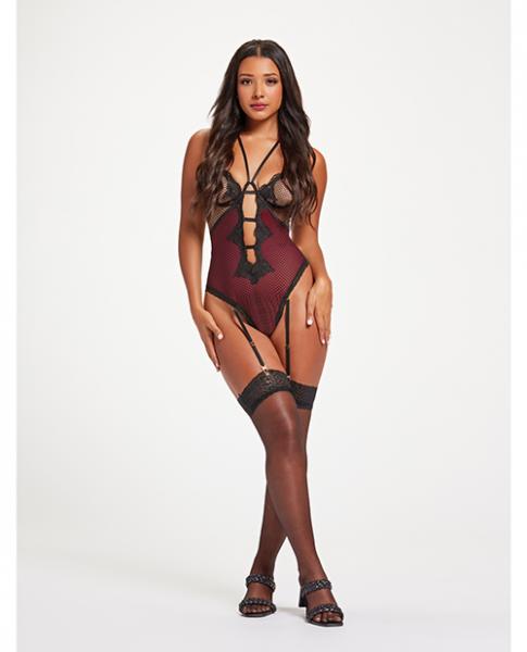 Fishnet &amp; Stretch Lace Teddy W/double Adjustable Straps Black/wine Sm
