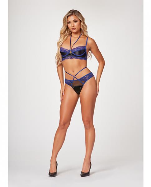 Stretch Satin &amp; Eyelash Lace Demi Cup Bra &amp; Panty Black/blue Xl