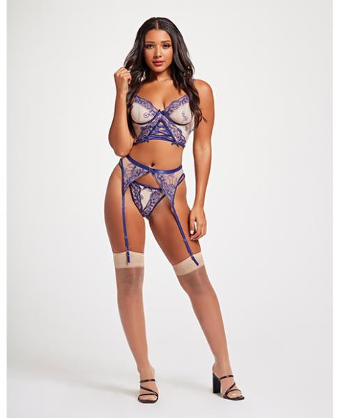 Sheer Stretch Mesh W/floral Contrast Embroidery Bustier, Garter Belt &amp; Thong Blue/nude Xl