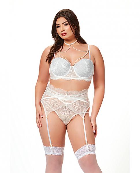 Lace &amp; Pearl Bra, Garter Belt &amp; Thong White 3x/4x