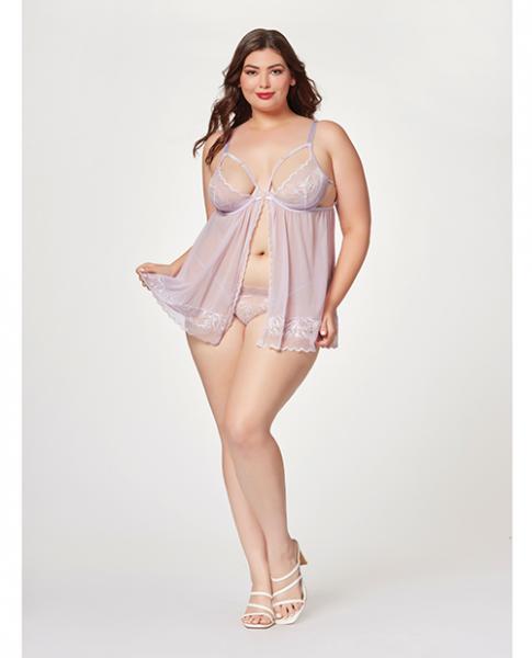 Sheer Mesh &amp; Lace Demi Cup Babydoll &amp; Thong Lavender 3x/4x