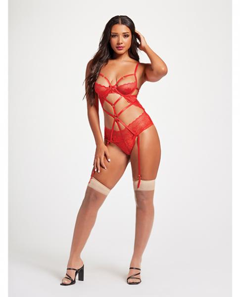 Sheer Mesh &amp; Lace Demi Cup Teddy Red Xl