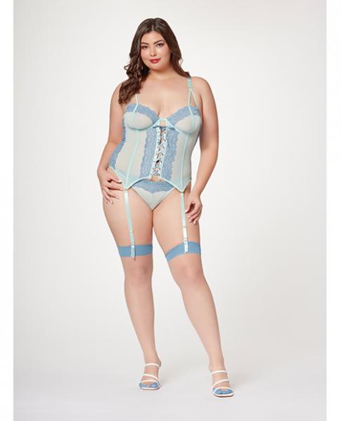 Lace &amp; Mesh Bustier W/lace Up Center, Garter Belt &amp; Thong Blue 3x/4x