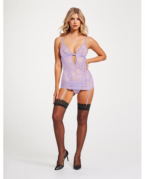 Lace &amp; Mesh Triangle Cup Chemise W/garters &amp; Thong Lavender Lg