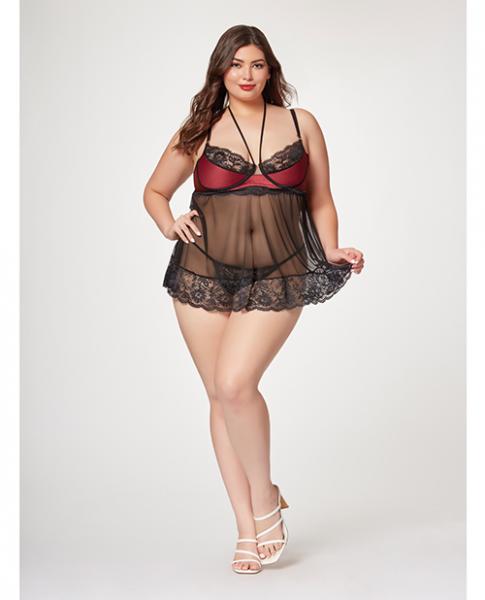 Satin &amp; Lace Halter Demi Cup Babydoll &amp; Thong Black/wine 3x/4x